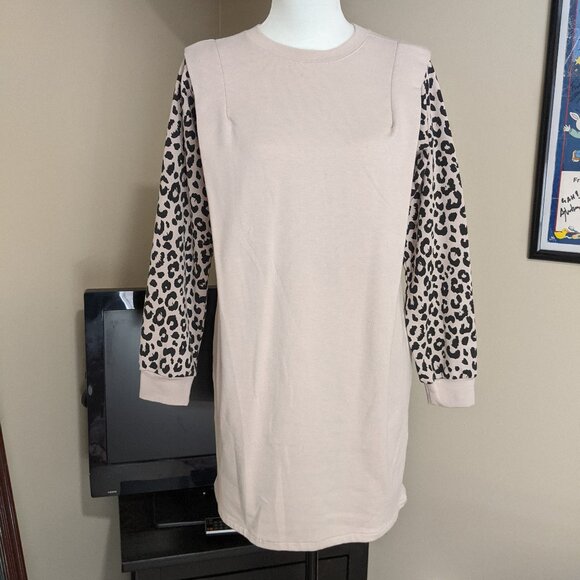 Tan Sweater Knit Leopard Sleeved Dress- Size S - Picture 1 of 5